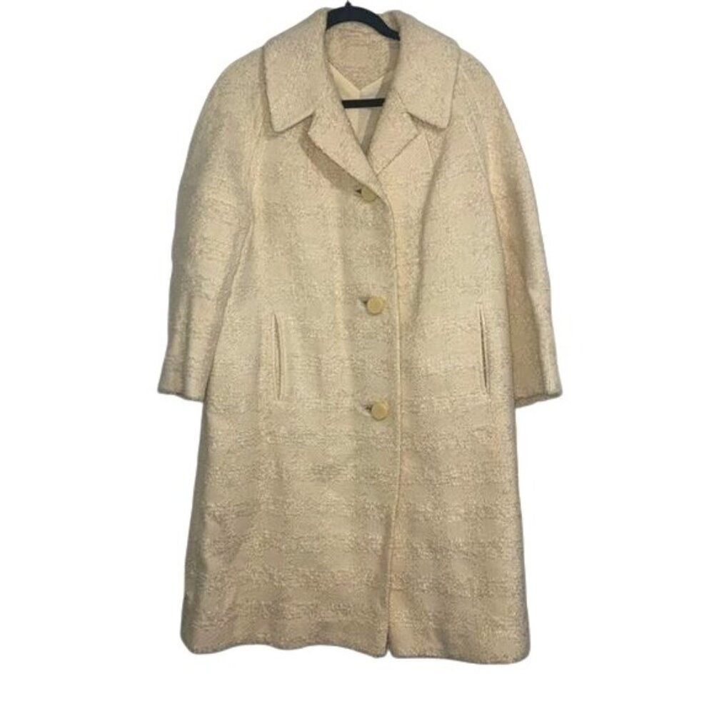 Vintage Cream Bouclé Wool Coat With Notch Lapel & Button Closure